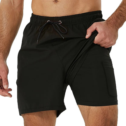 Mens Swim Trunks Stretch Water Beach Shorts with Compression Liner 2 in 1 Quick-Dry Swimming Shorts with Zipper Pockets, Black, L