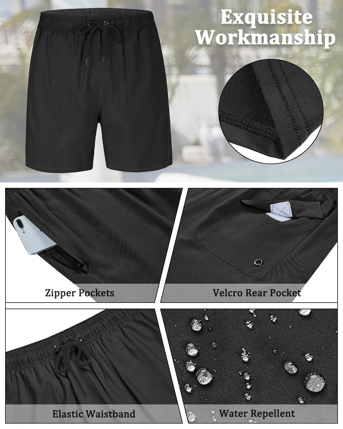 Mens Swim Trunks Stretch Water Beach Shorts with Compression Liner 2 in 1 Quick-Dry Swimming Shorts with Zipper Pockets, Black, L